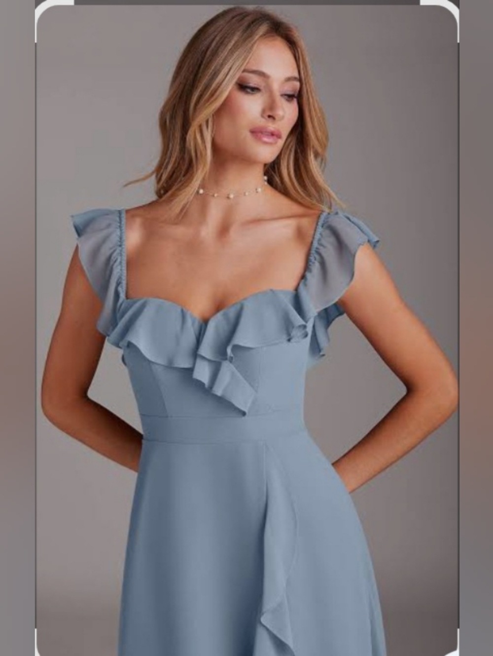 Azazie Dusty Blue Ruffle Maxi Dress. NWT Size A10